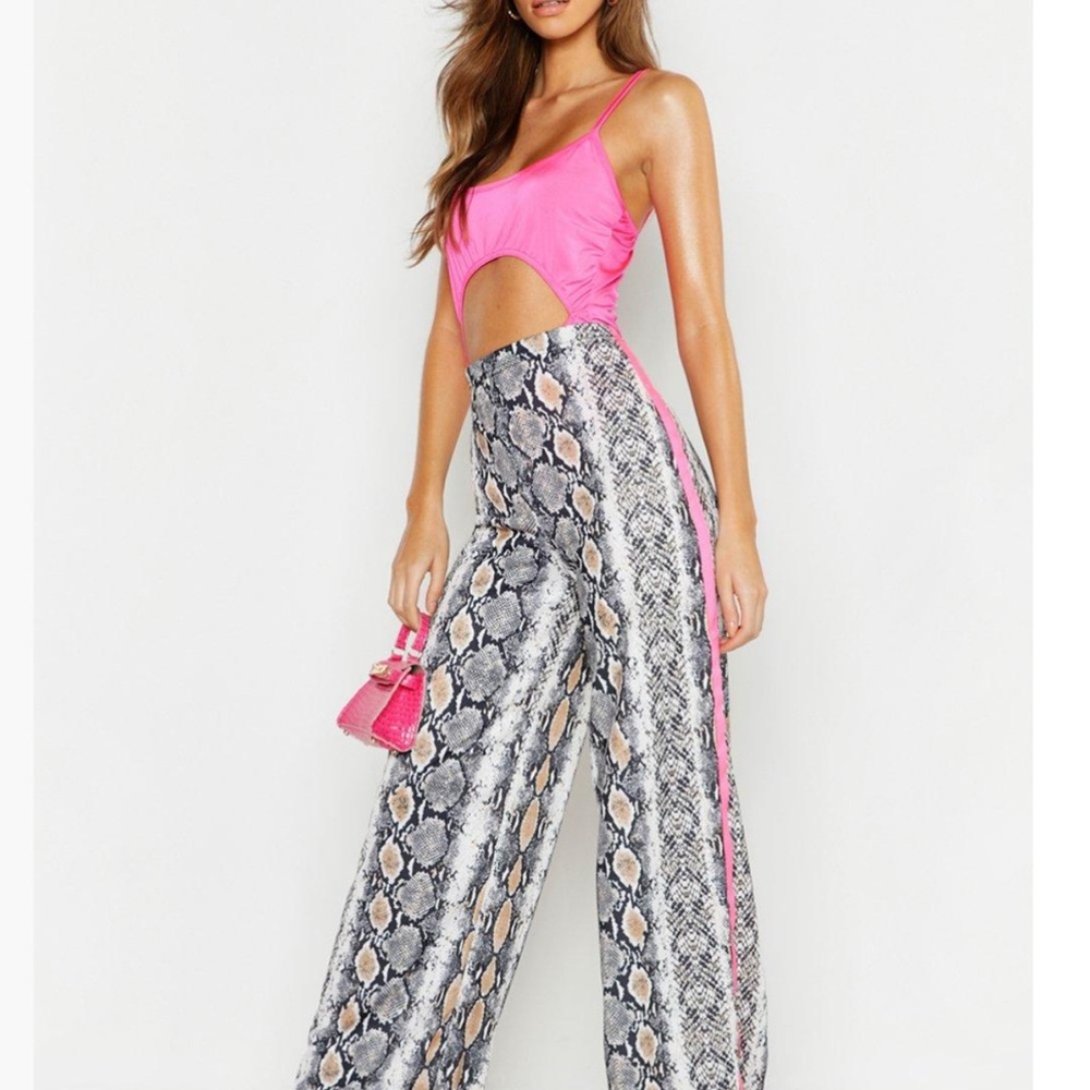 boohoo Snake Print Neon Side Tape Wide Leg Trouser
